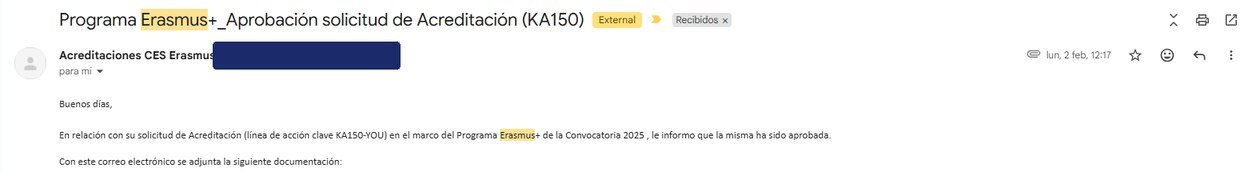 Correo de la Agencia Nacional Espa&ntilde;ola comunicando la aprobaci&oacute;n de una Acreditaci&oacute;n Erasmus+ KA150-YOU