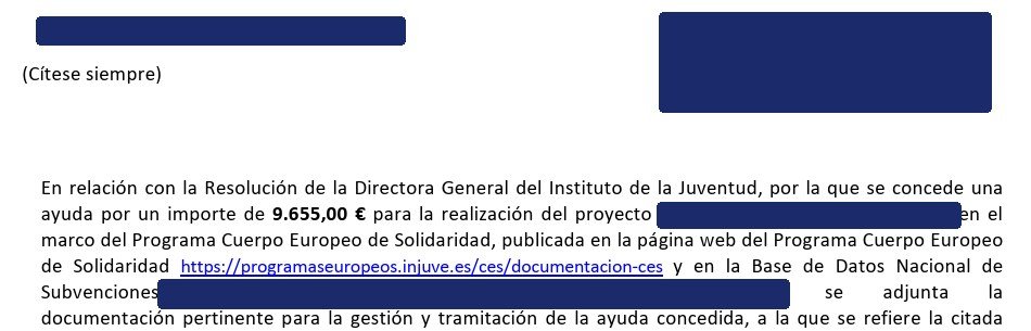 Resoluci&oacute;n del Instituto de la Juventud concediendo 9.655,00 euros a una entidad en el marco del Cuerpo Europeo de Solidaridad